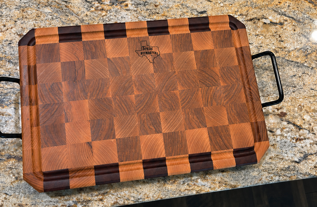 Pitmaster small version - End Grain Cutting Board, Ash and Sapele Hardwood, with metal handles - Made in the USA