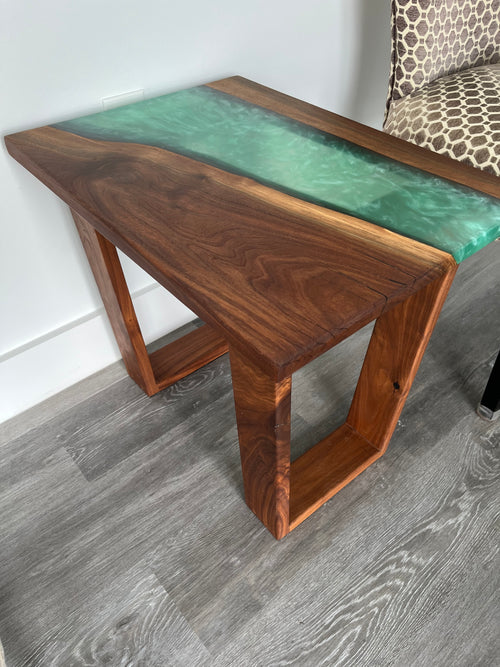 Custom Build Side Table, Black walnut live edge slab with Epoxy